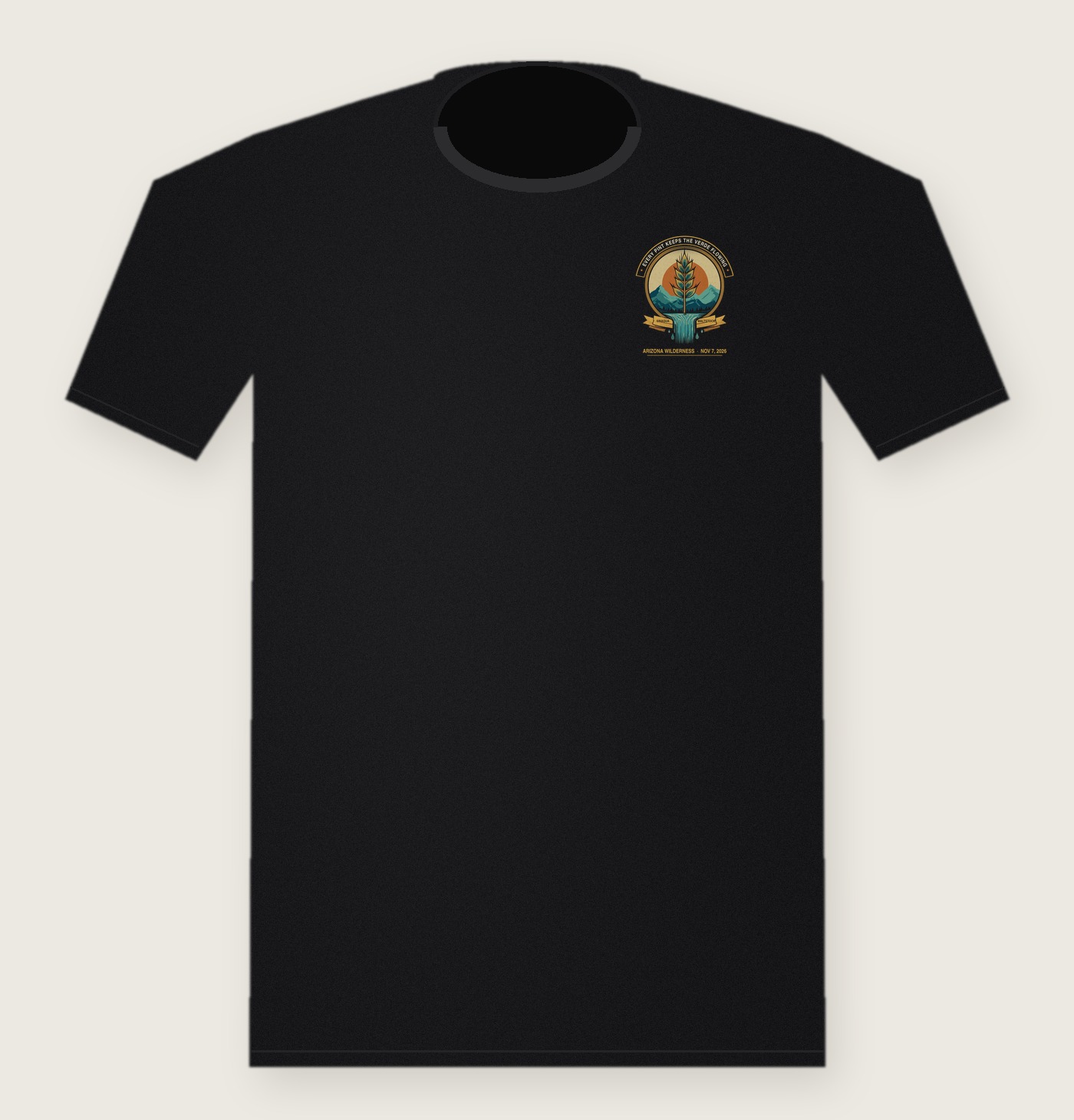 Sinagua Maltstock t-shirt, front, with the 'Every Pint Keeps the Verde Flowing' badge on the left chest